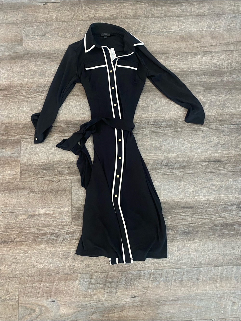 Talbots Black Long-Sleeve Shirt Dress with White Trim